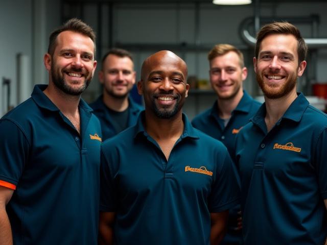 Professional team photo of Thravixolumendo plumbers smiling and standing confidently.
