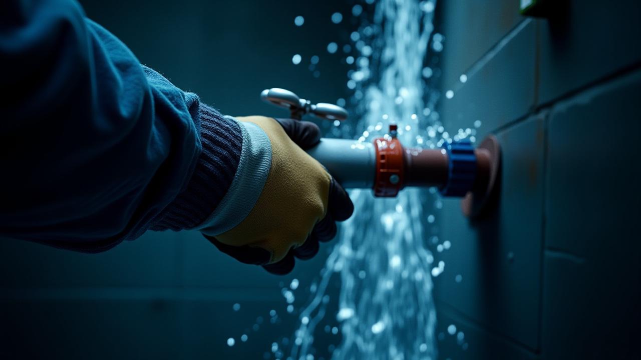 Burst pipe with water gushing, plumber's hands moving to shut off valve