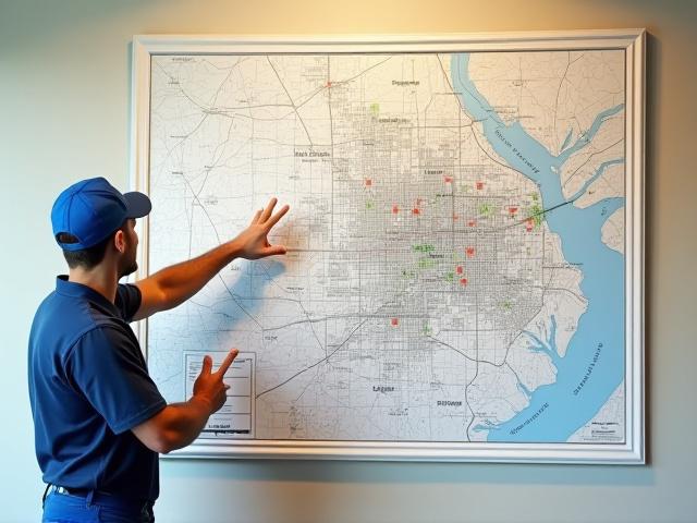 Plumber pointing to a map of Jefferson City, MO