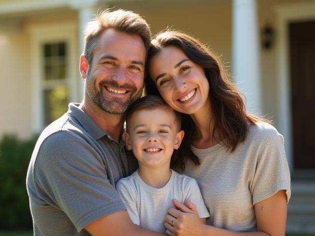 Smiling Johnson Family in front of their home, looking relieved