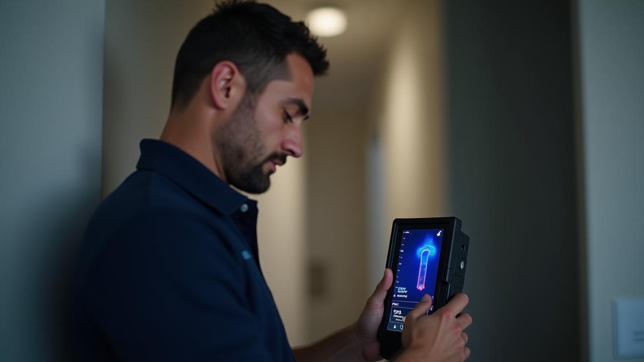 Technician using advanced leak detection equipment
