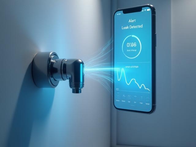 Smart plumbing monitor with water valve graphic and smartphone interface
