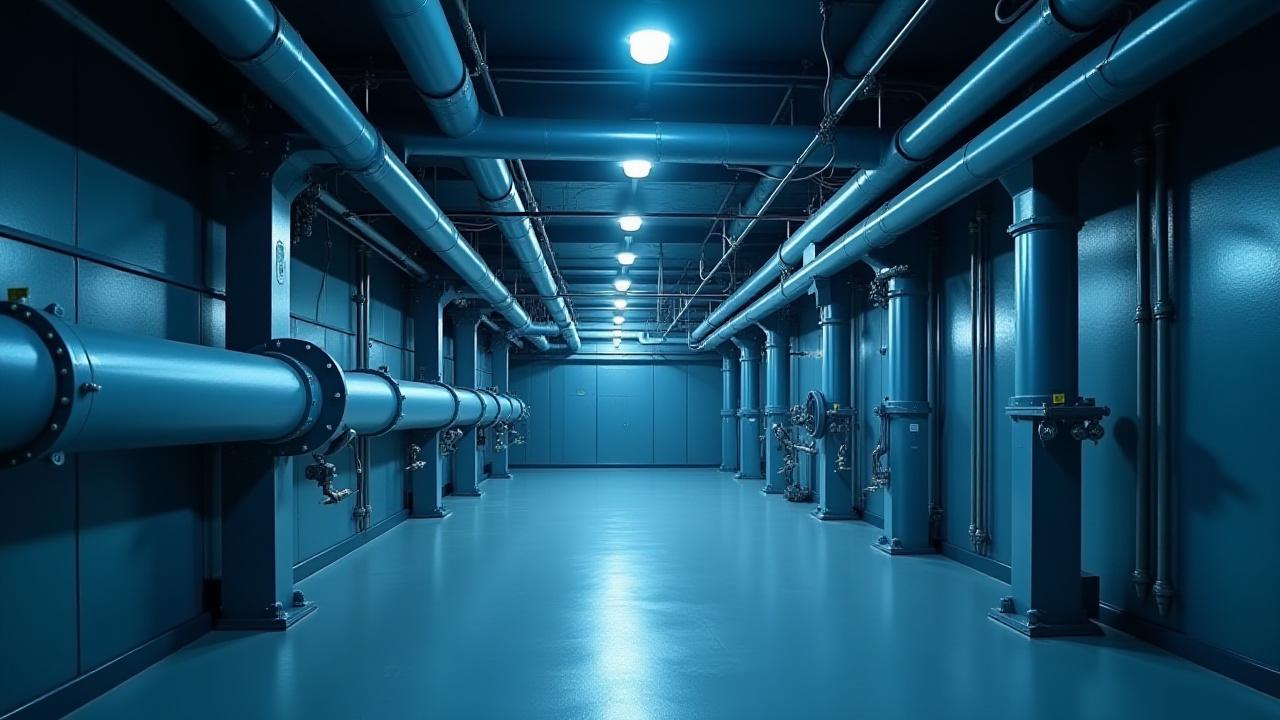 Large-diameter commercial pipework neatly installed in a new facility basement.