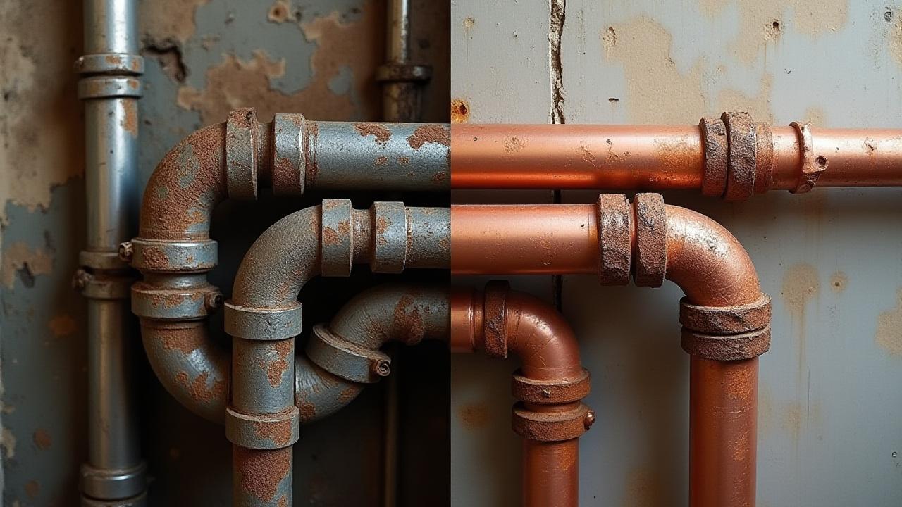 Before and after showing corroded galvanized pipes replaced with clean new copper piping.