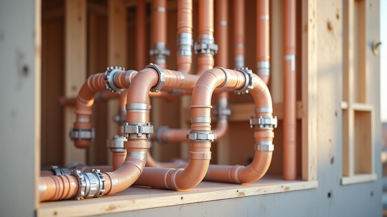 Clean, modern plumbing pipes artfully arranged within a wall during new construction.