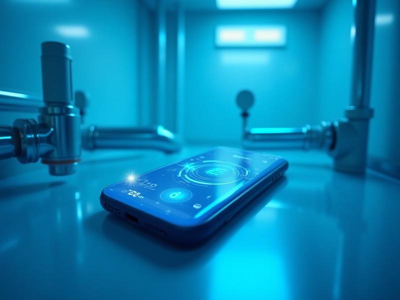 Smartphone displaying water monitoring app with digital lines connecting to a smart water meter and valve, against a clean, futuristic background.