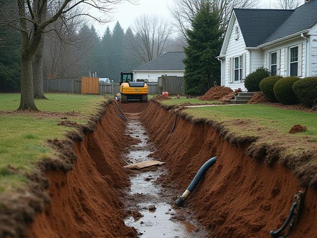 Torn up yard with large trench for traditional sewer repair
