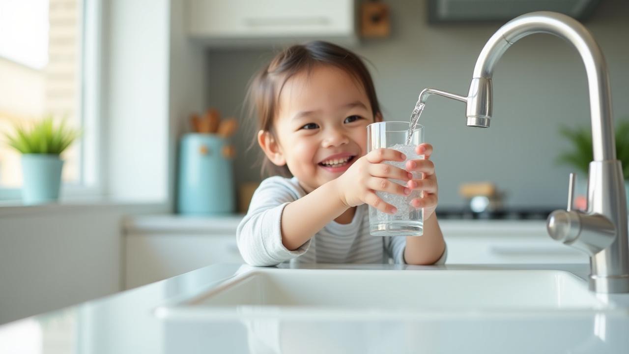Child happily drinking clear water from a modern kitchen tap